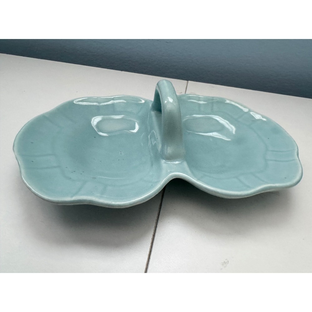 Vintage Blue Ceramic Divided Relish Dish Scalloped Serving Tray with Handle 8in